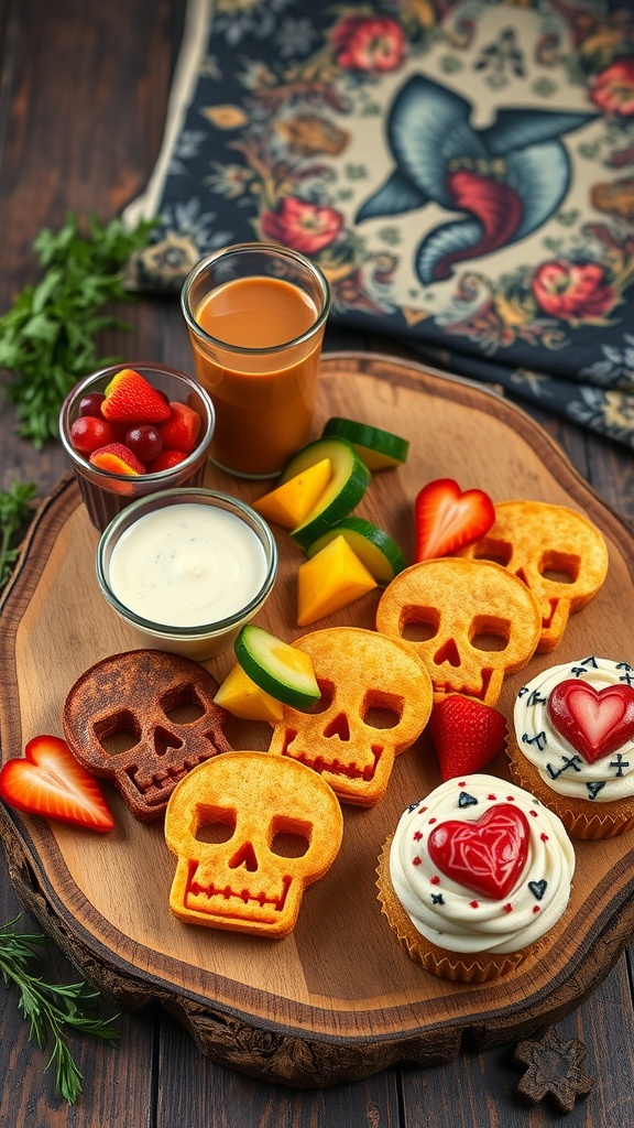 Tattoo-inspired snacks including skull tortilla chips, colorful dips, heart-shaped fruit skewers, and decorated cupcakes on a rustic table.